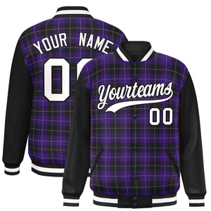 Custom Purple Black-White Varsity Full-Snap Plaid Pattern Letterman Baseball Jacket