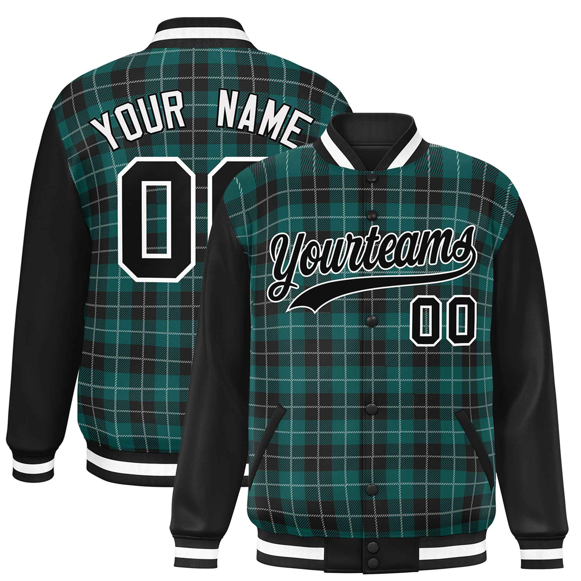 Custom Midnight Green Black-White Varsity Full-Snap Plaid Pattern Letterman Baseball Jacket