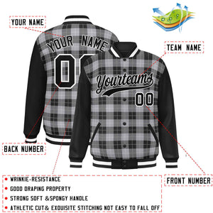 Custom Gray Black-White Varsity Full-Snap Plaid Pattern Letterman Baseball Jacket