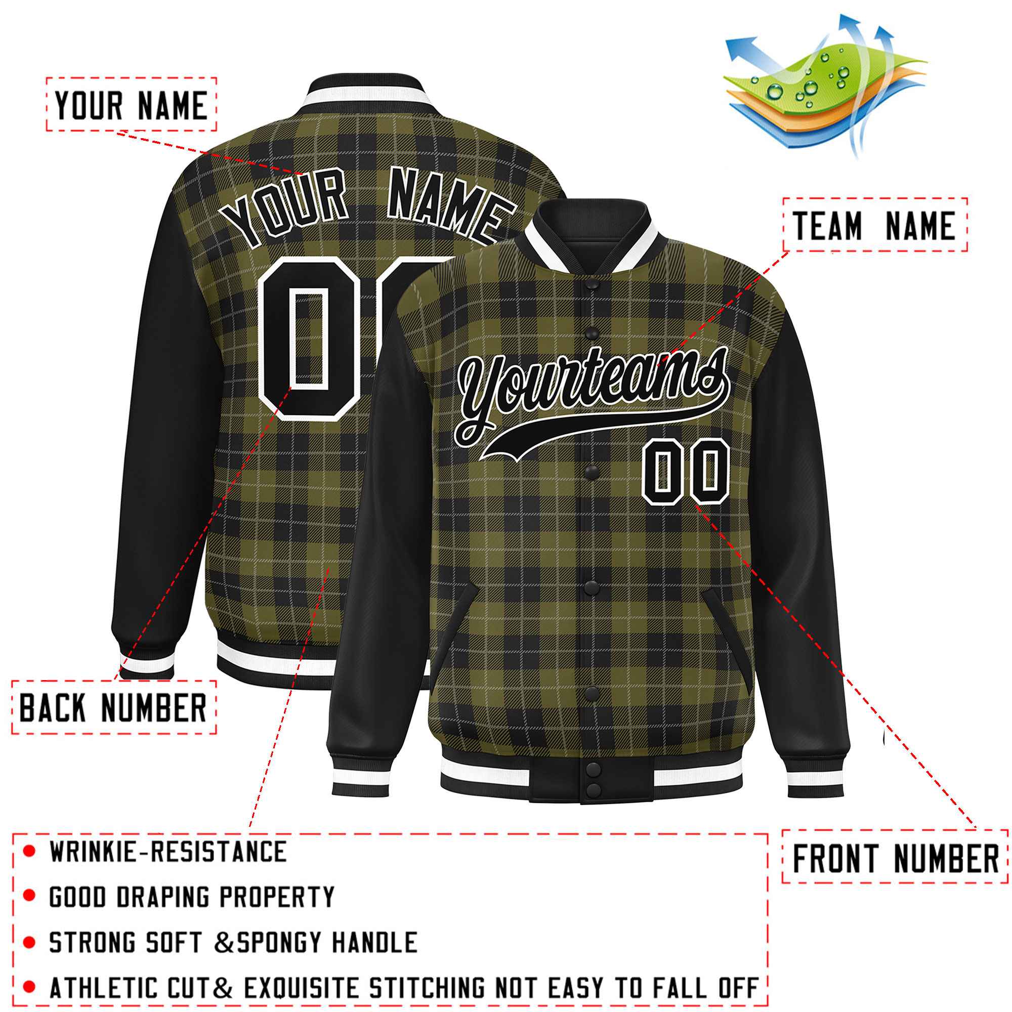 Custom Olive Black-Gray Varsity Full-Snap Plaid Pattern Letterman Baseball Jacket