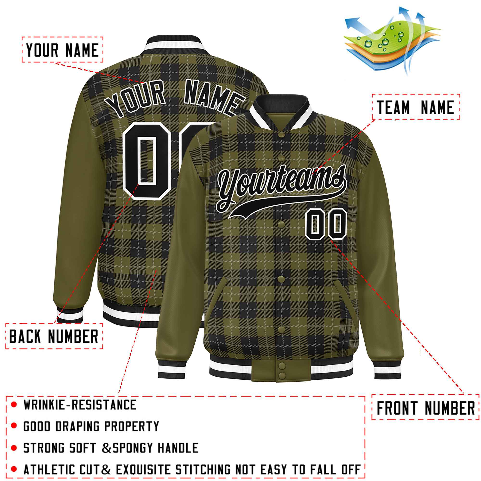 Custom Olive Black-Gray Varsity Full-Snap Plaid Pattern Letterman Baseball Jacket