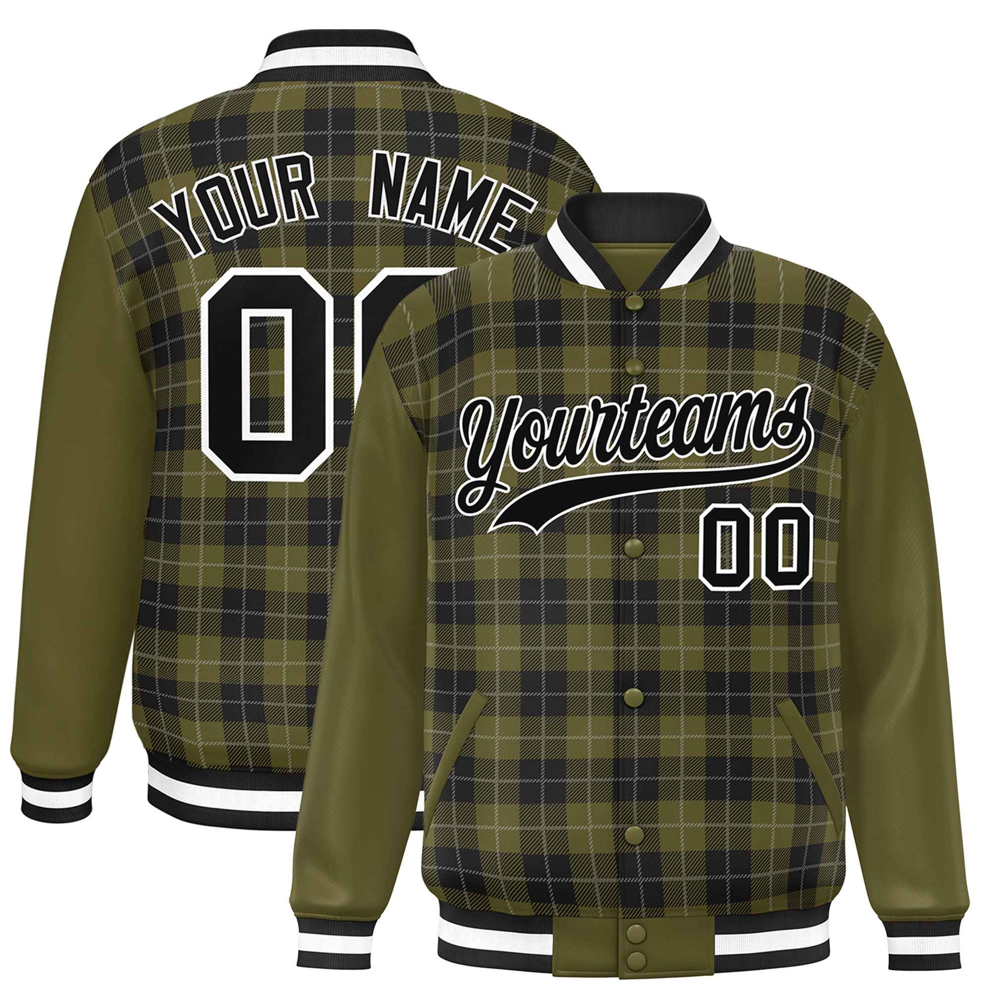 Custom Olive Black-Gray Varsity Full-Snap Plaid Pattern Letterman Baseball Jacket