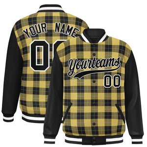 Custom Khaki Black-Gray Varsity Full-Snap Plaid Pattern Letterman Baseball Jacket