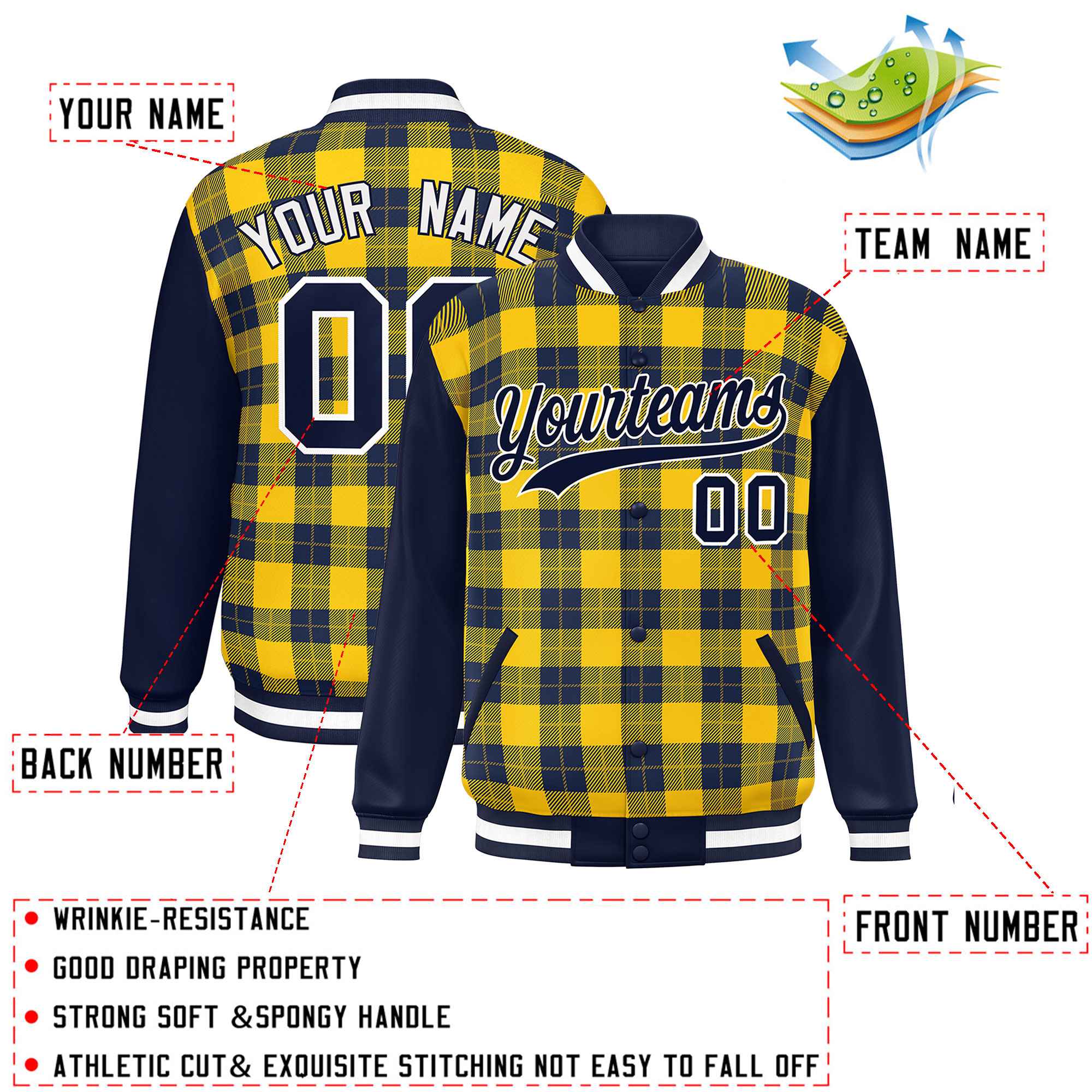 Custom Gold Navy-Gold Varsity Full-Snap Plaid Pattern Letterman Baseball Jacket