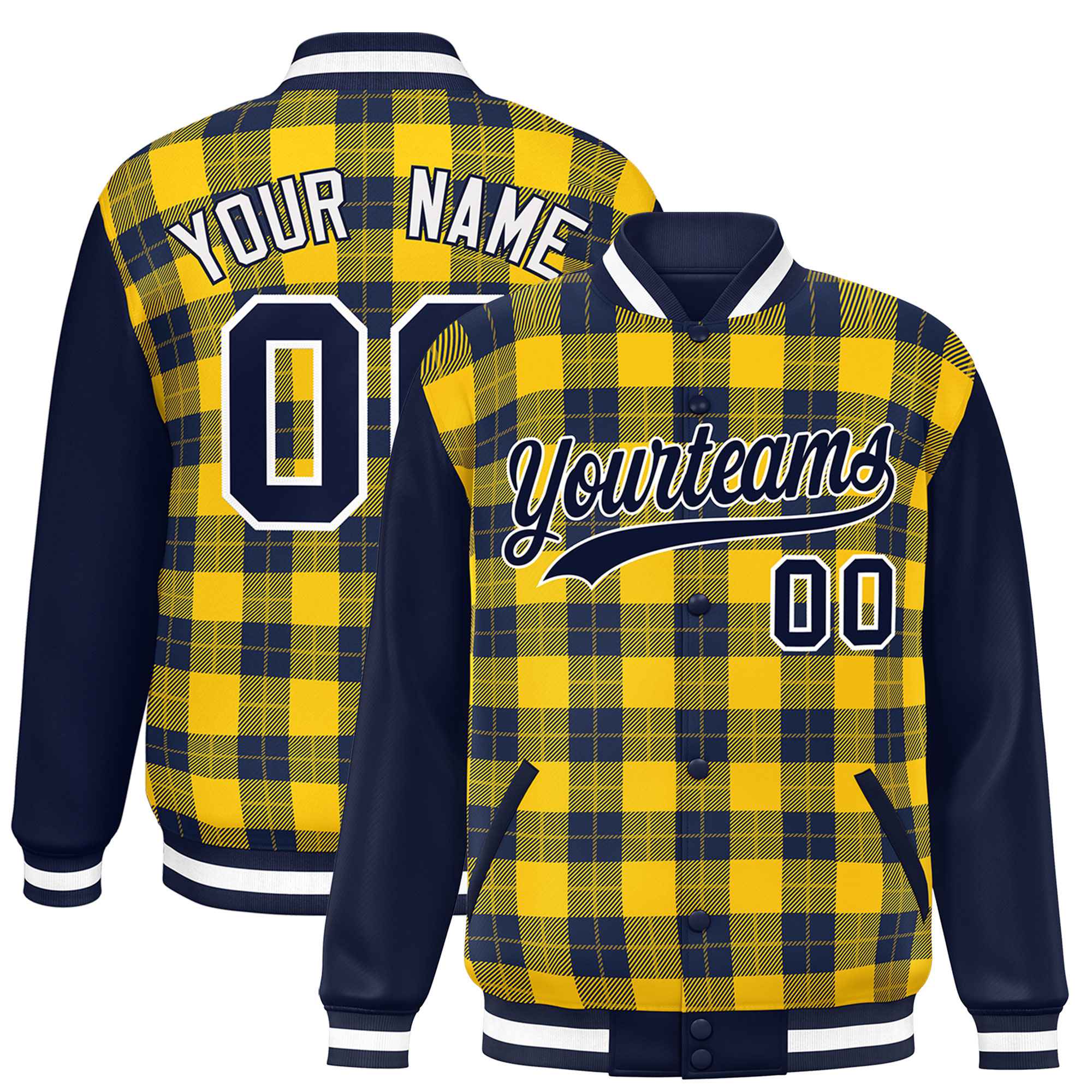 Custom Gold Navy-Gold Varsity Full-Snap Plaid Pattern Letterman Baseball Jacket