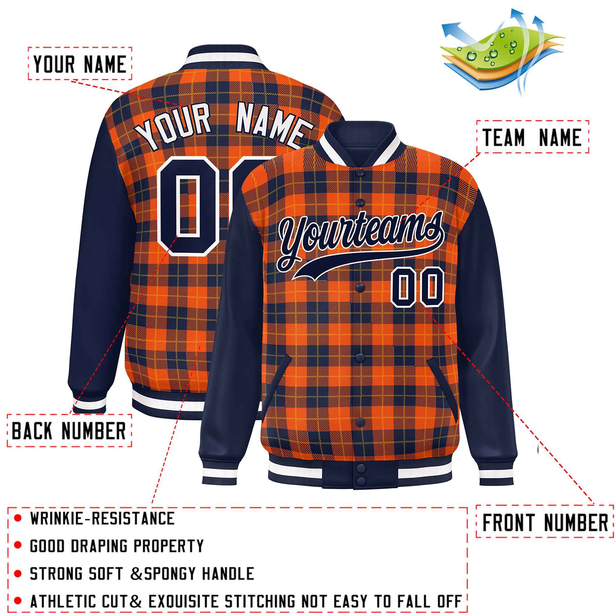 Custom Orange Navy-Gold Varsity Full-Snap Plaid Pattern Letterman Baseball Jacket