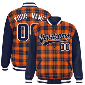 Custom Orange Navy-Gold Varsity Full-Snap Plaid Pattern Letterman Baseball Jacket