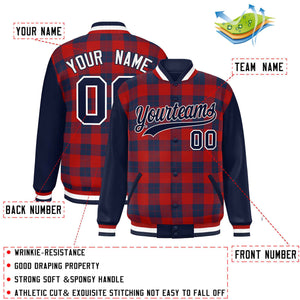 Custom Red Navy-Red Varsity Full-Snap Plaid Pattern Letterman Baseball Jacket