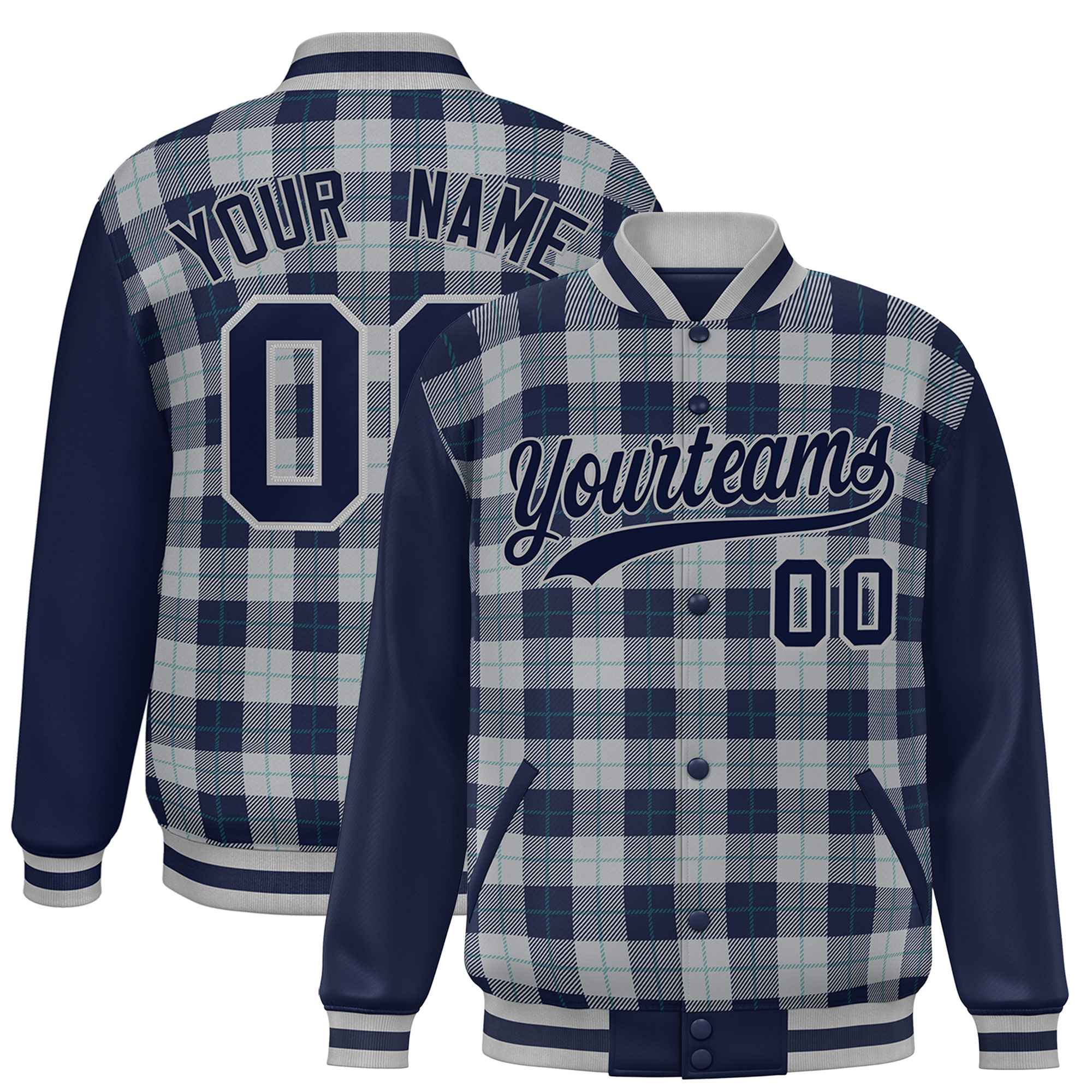 Custom Gray Navy-Aqua Varsity Full-Snap Plaid Pattern Letterman Baseball Jacket