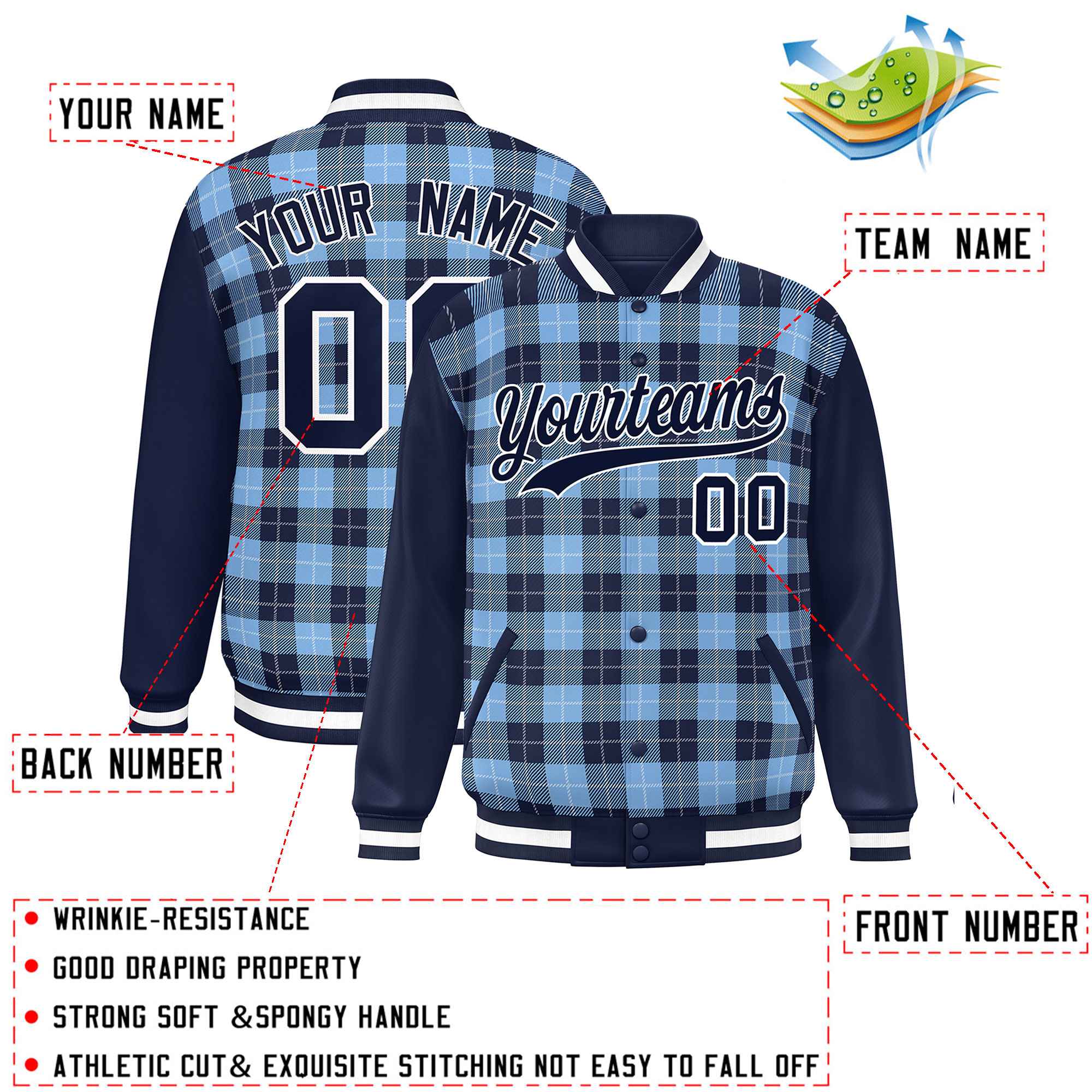 Custom Powder Blue Navy-White Varsity Full-Snap Plaid Pattern Letterman Baseball Jacket