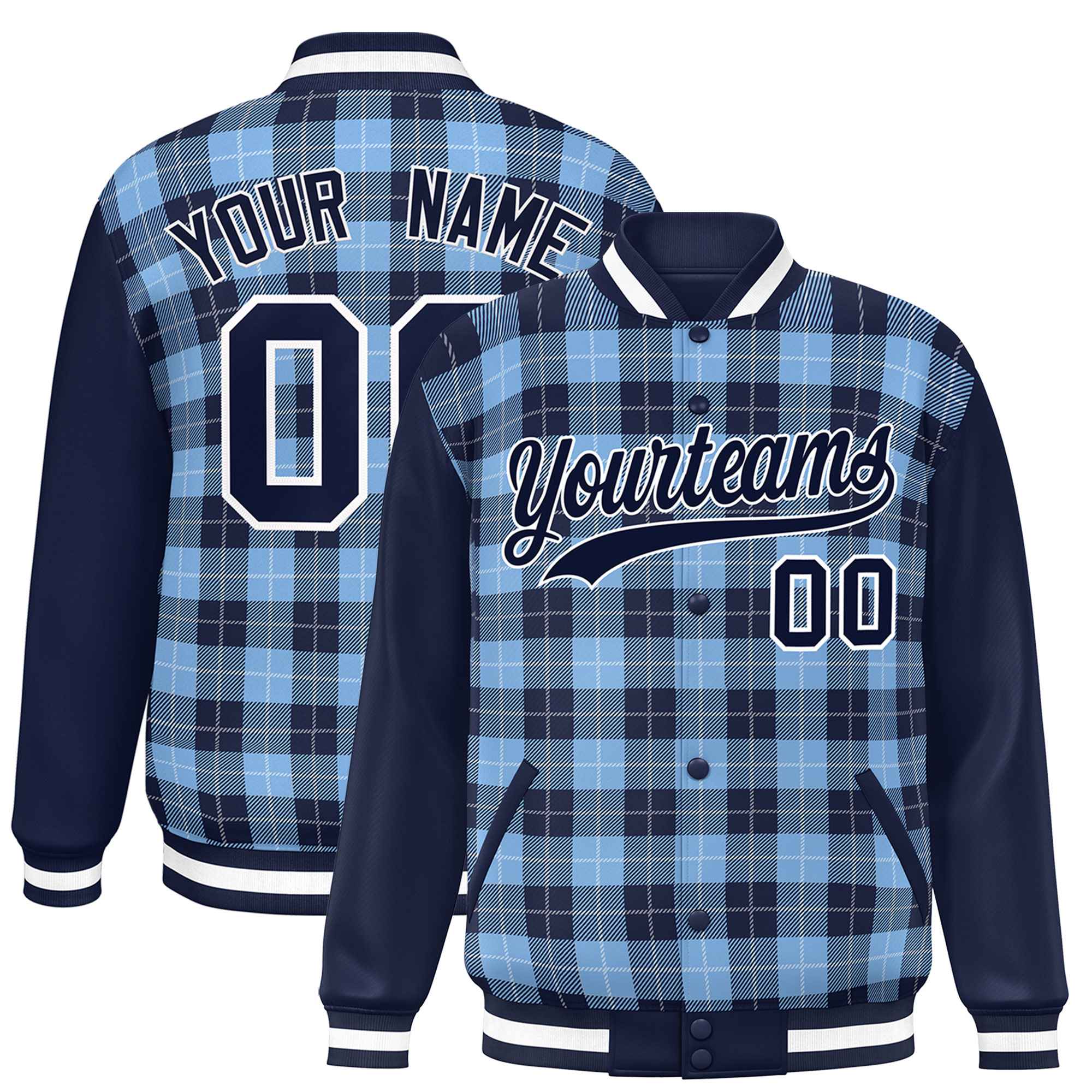 Custom Powder Blue Navy-White Varsity Full-Snap Plaid Pattern Letterman Baseball Jacket