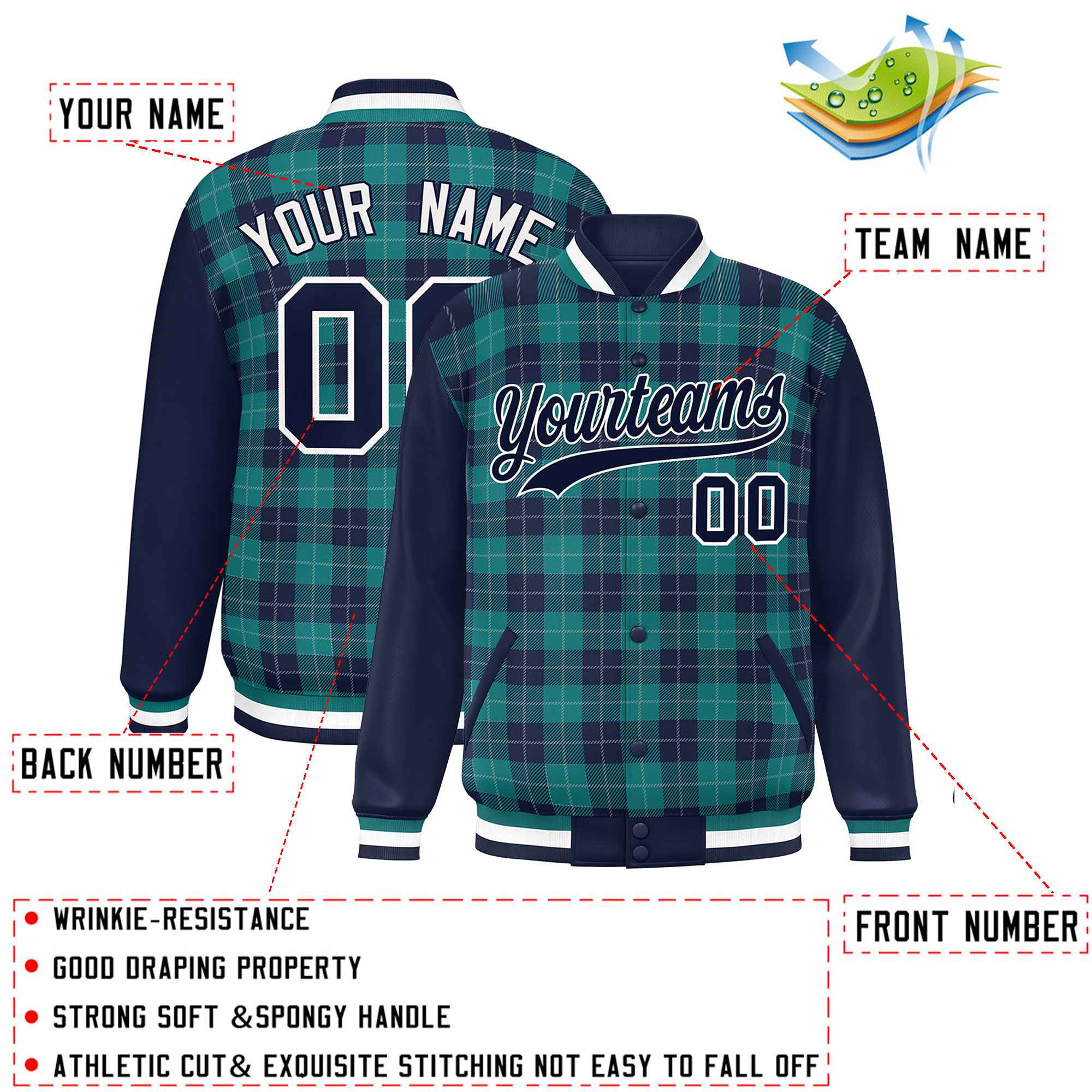 Custom Aqua Navy-Gray Varsity Full-Snap Plaid Pattern Letterman Baseball Jacket