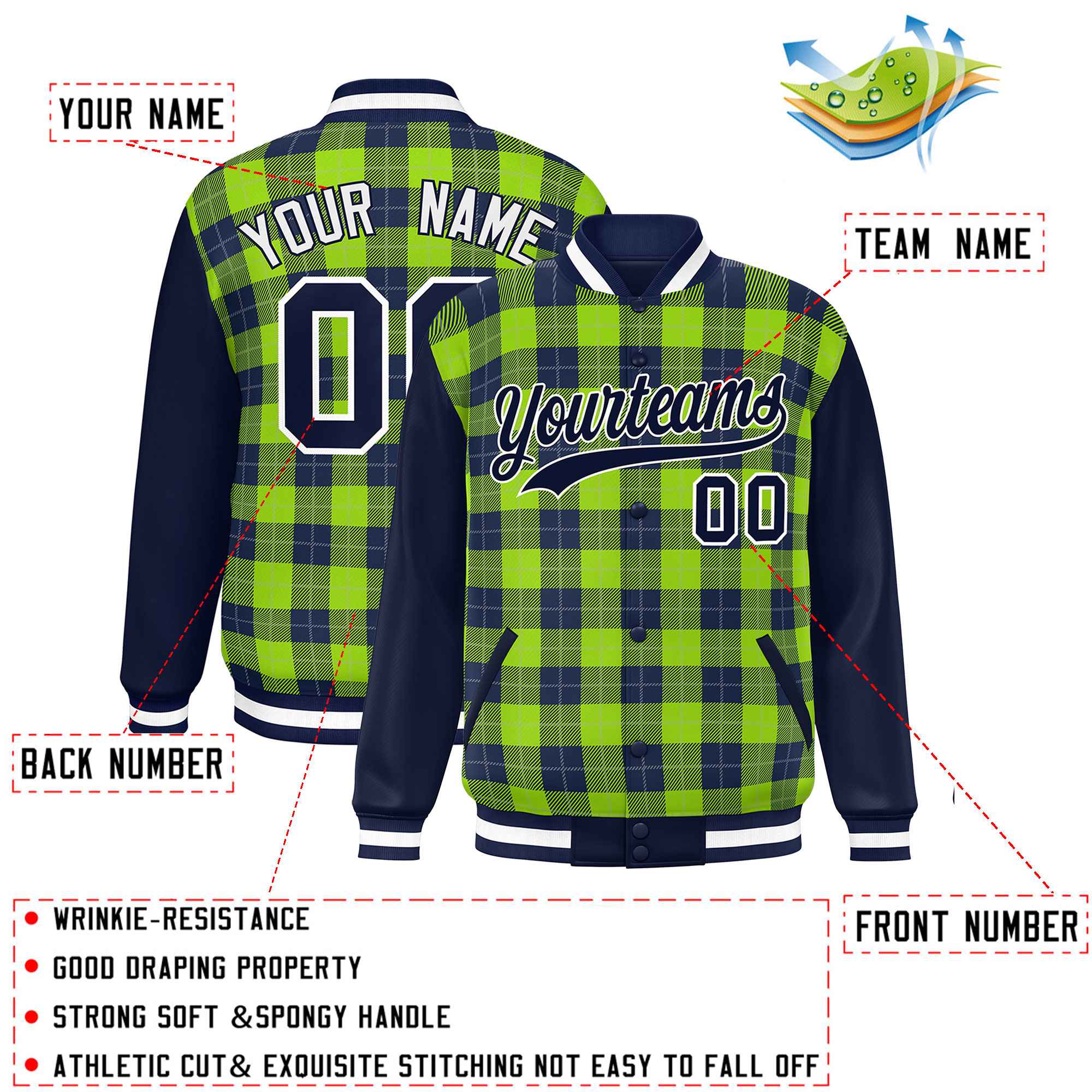 Custom Neon Green Navy-Gray Varsity Full-Snap Plaid Pattern Letterman Baseball Jacket