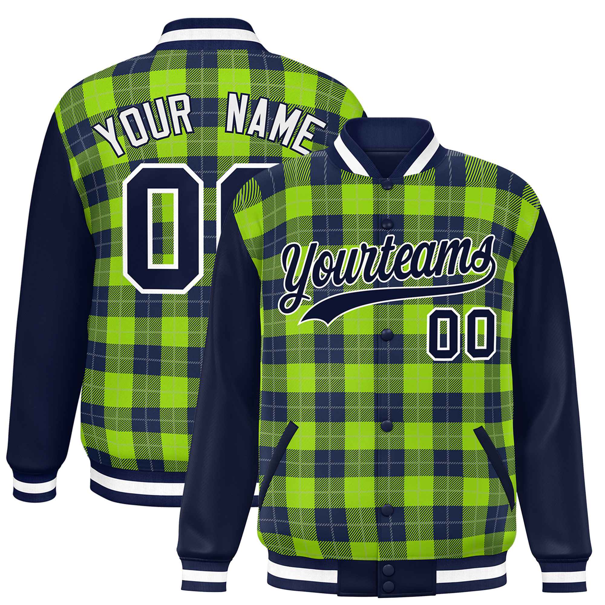 Custom Neon Green Navy-Gray Varsity Full-Snap Plaid Pattern Letterman Baseball Jacket