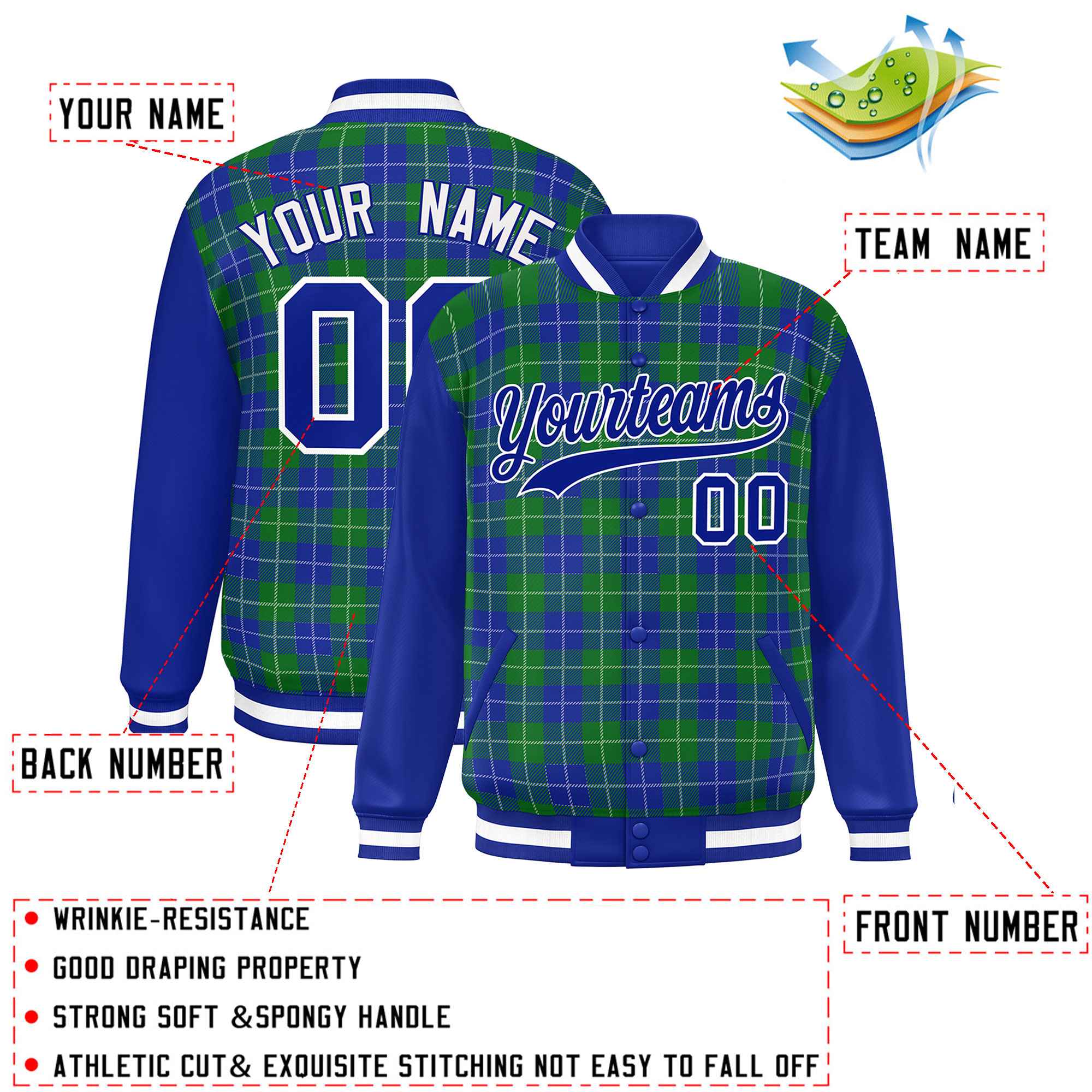 Custom Green Royal-White Varsity Full-Snap Plaid Pattern Letterman Baseball Jacket