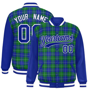 Custom Green Royal-White Varsity Full-Snap Plaid Pattern Letterman Baseball Jacket