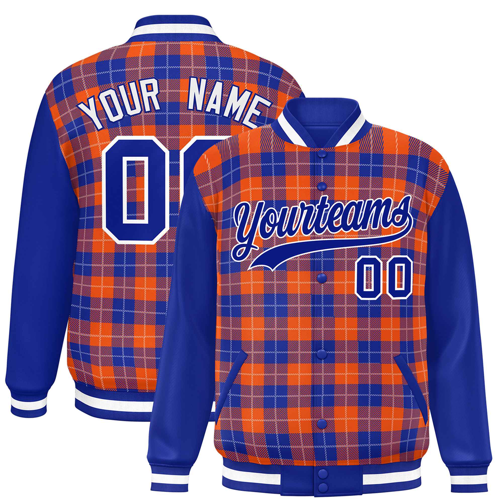 Custom Orange Royal-White Varsity Full-Snap Plaid Pattern Letterman Baseball Jacket