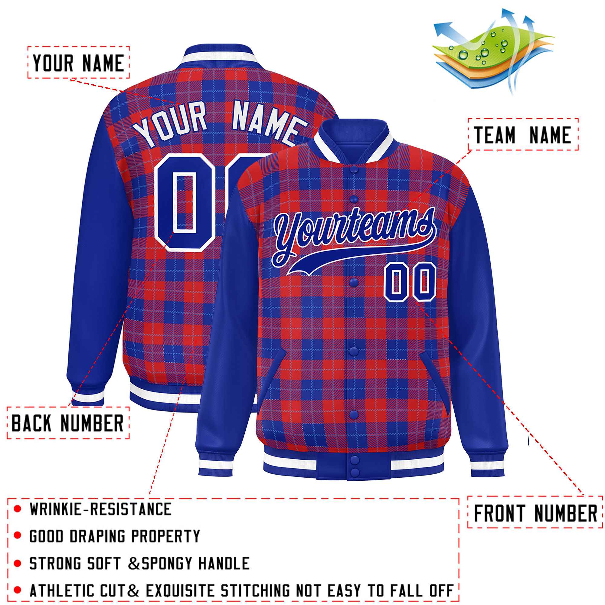 Custom Red Royal-Powder Blue Varsity Full-Snap Plaid Pattern Letterman Baseball Jacket