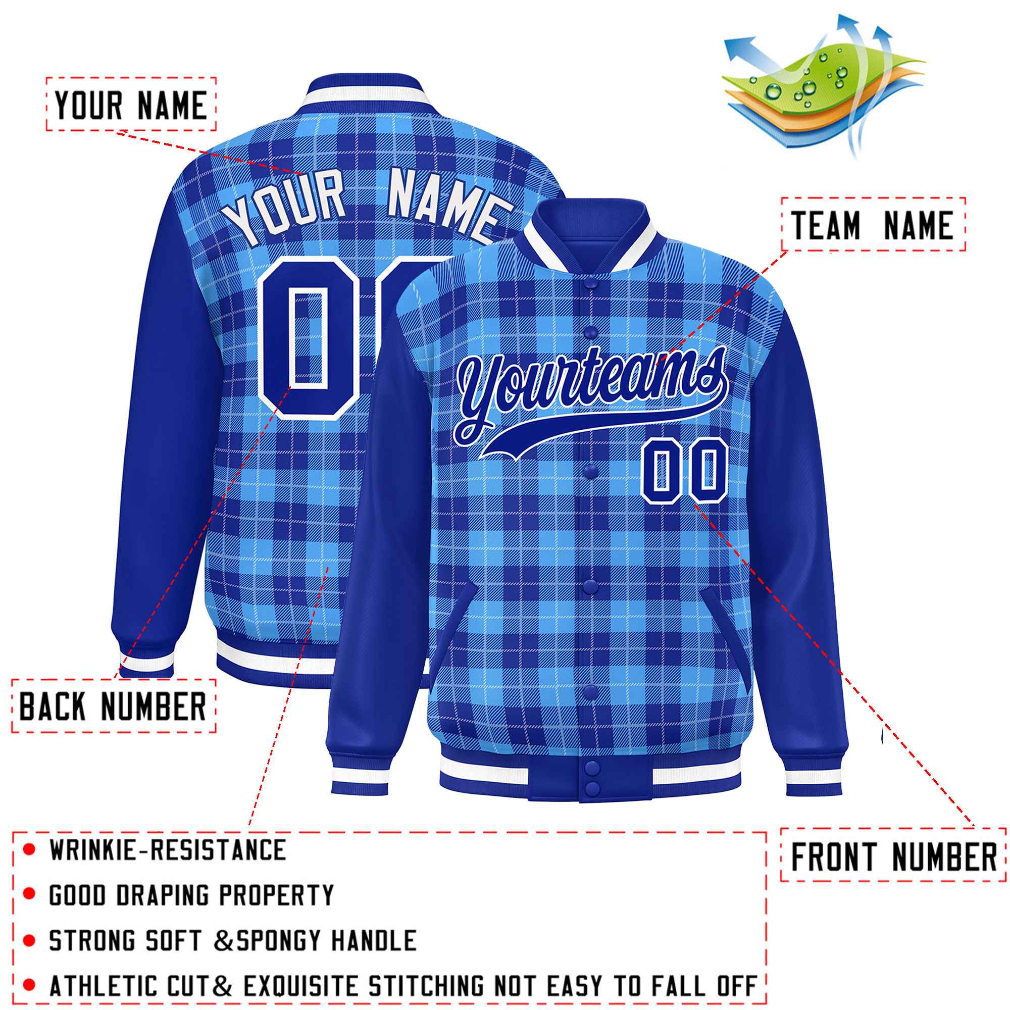 Custom Powder Blue Royal-White Varsity Full-Snap Plaid Pattern Letterman Baseball Jacket