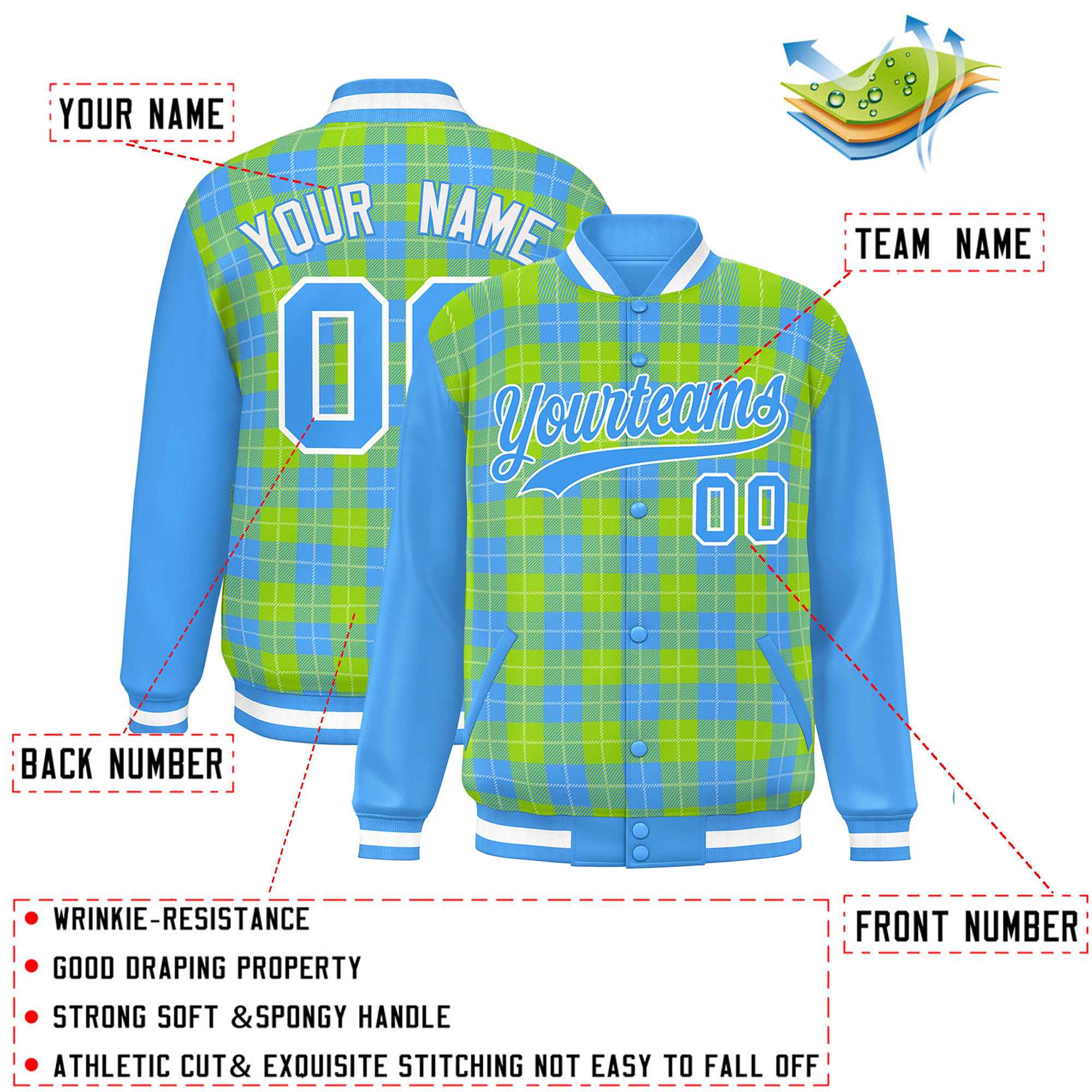 Custom Neon Green Powder Blue-White Varsity Full-Snap Plaid Pattern Letterman Baseball Jacket