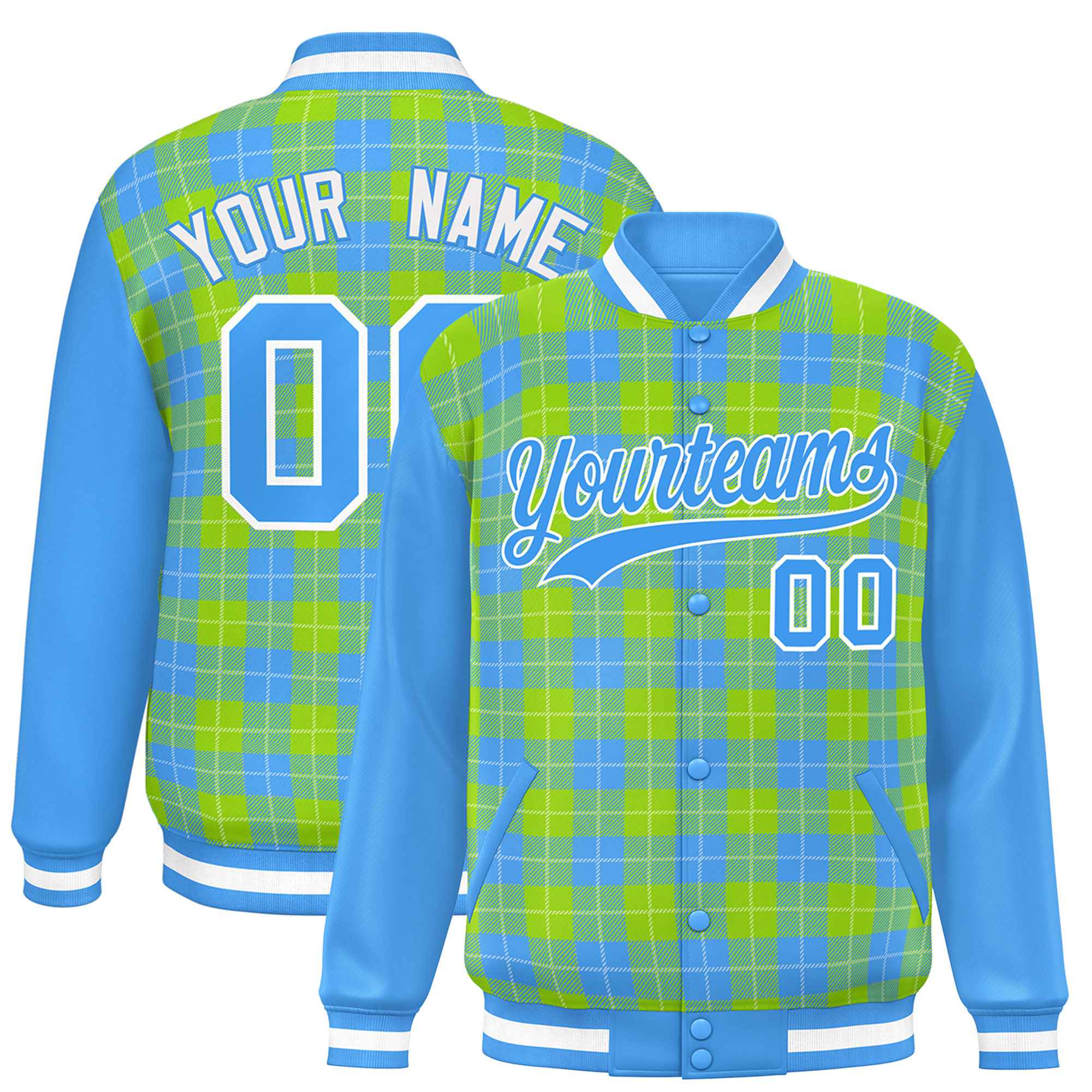 Custom Neon Green Powder Blue-White Varsity Full-Snap Plaid Pattern Letterman Baseball Jacket