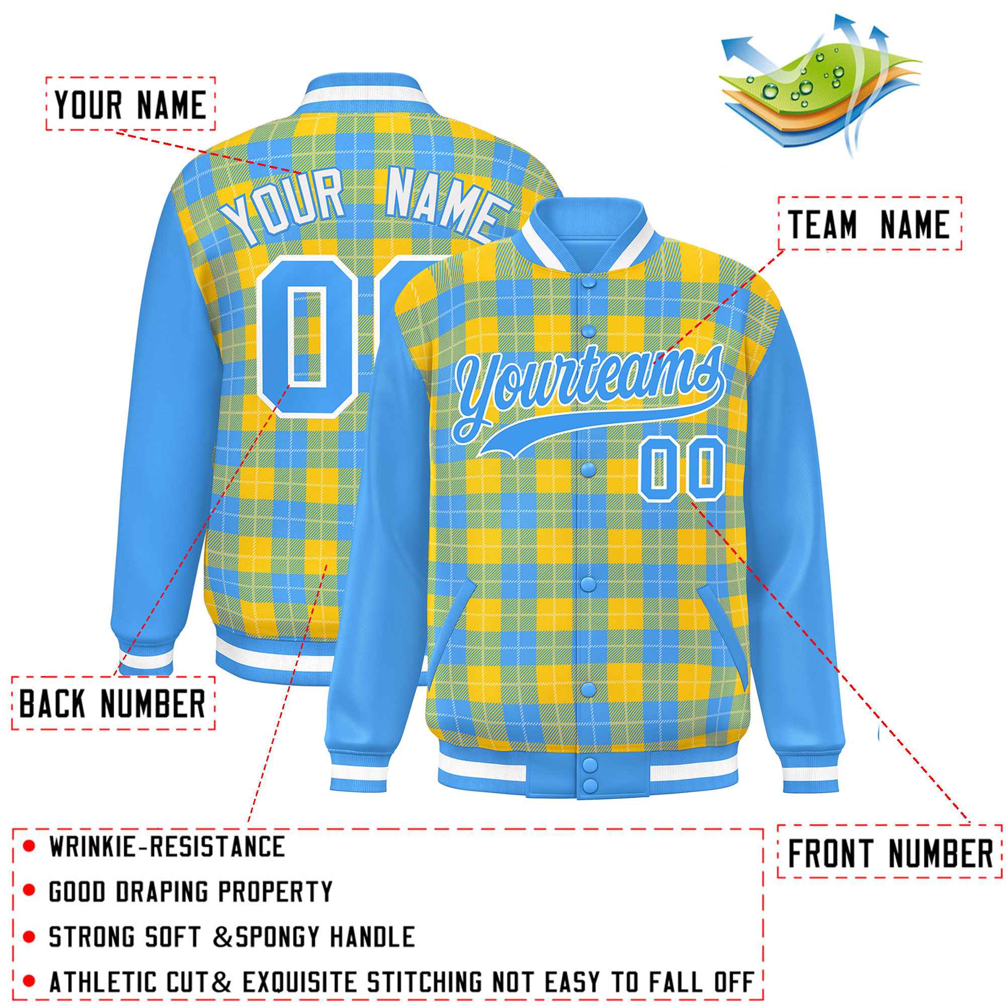 Custom Gold Powder Blue-White Varsity Full-Snap Plaid Pattern Letterman Baseball Jacket