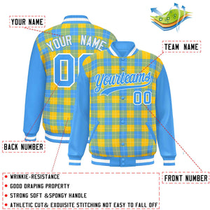 Custom Gold Powder Blue-White Varsity Full-Snap Plaid Pattern Letterman Baseball Jacket