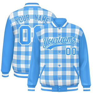 Custom White Powder Blue-Gray Varsity Full-Snap Plaid Pattern Letterman Baseball Jacket