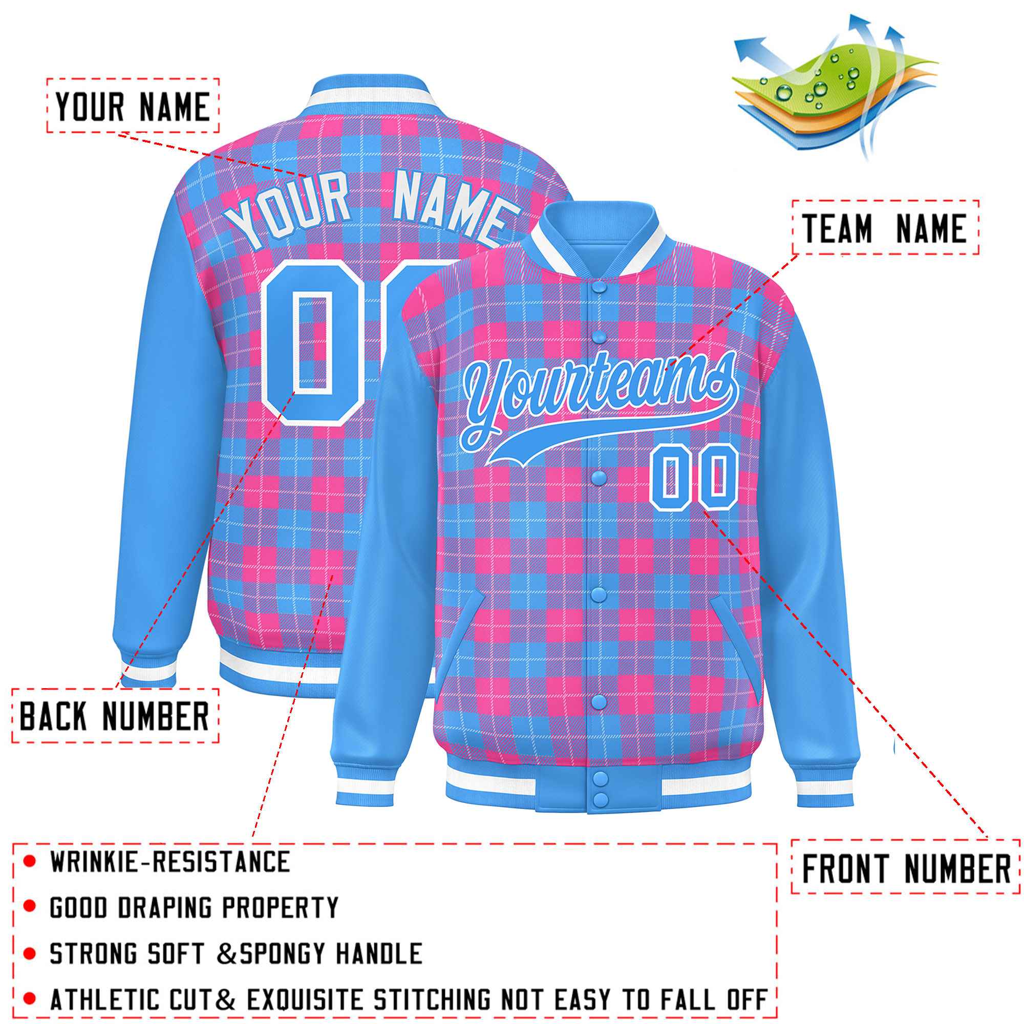 Custom Pink Powder Blue-White Varsity Full-Snap Plaid Pattern Letterman Baseball Jacket