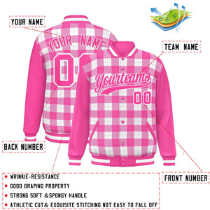 Custom White Pink-Gray Varsity Full-Snap Plaid Pattern Letterman Baseball Jacket