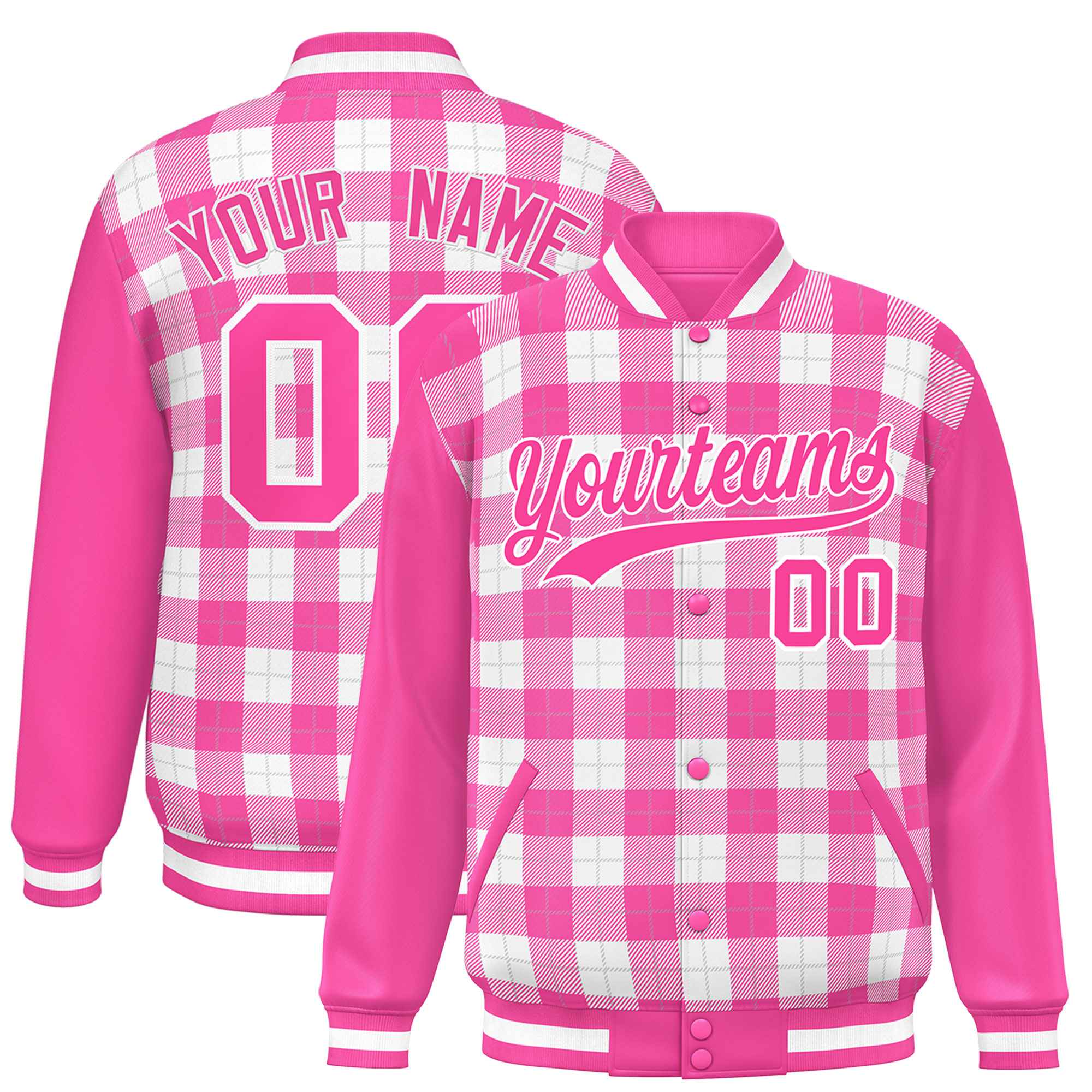 Custom White Pink-Gray Varsity Full-Snap Plaid Pattern Letterman Baseball Jacket