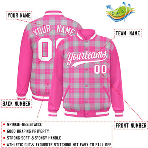 Custom Gray Pink-White Varsity Full-Snap Plaid Pattern Letterman Baseball Jacket