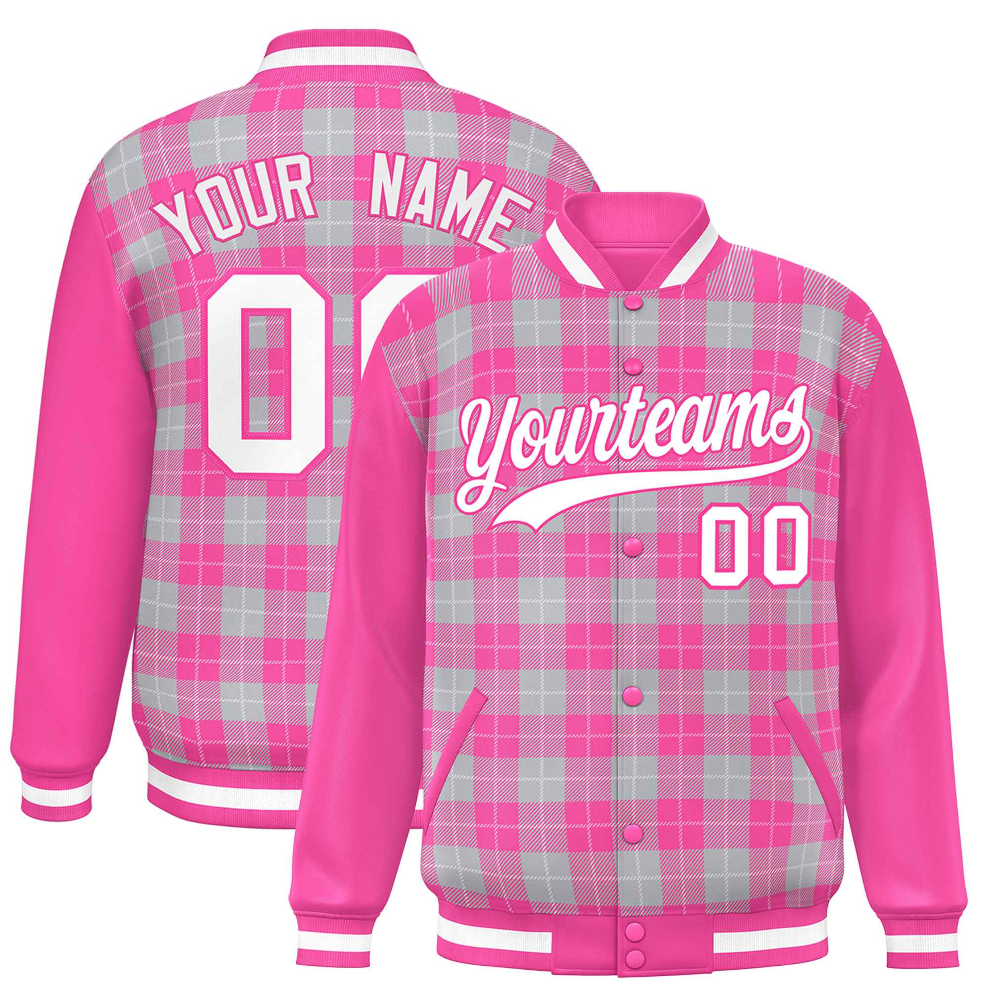 Custom Gray Pink-White Varsity Full-Snap Plaid Pattern Letterman Baseball Jacket