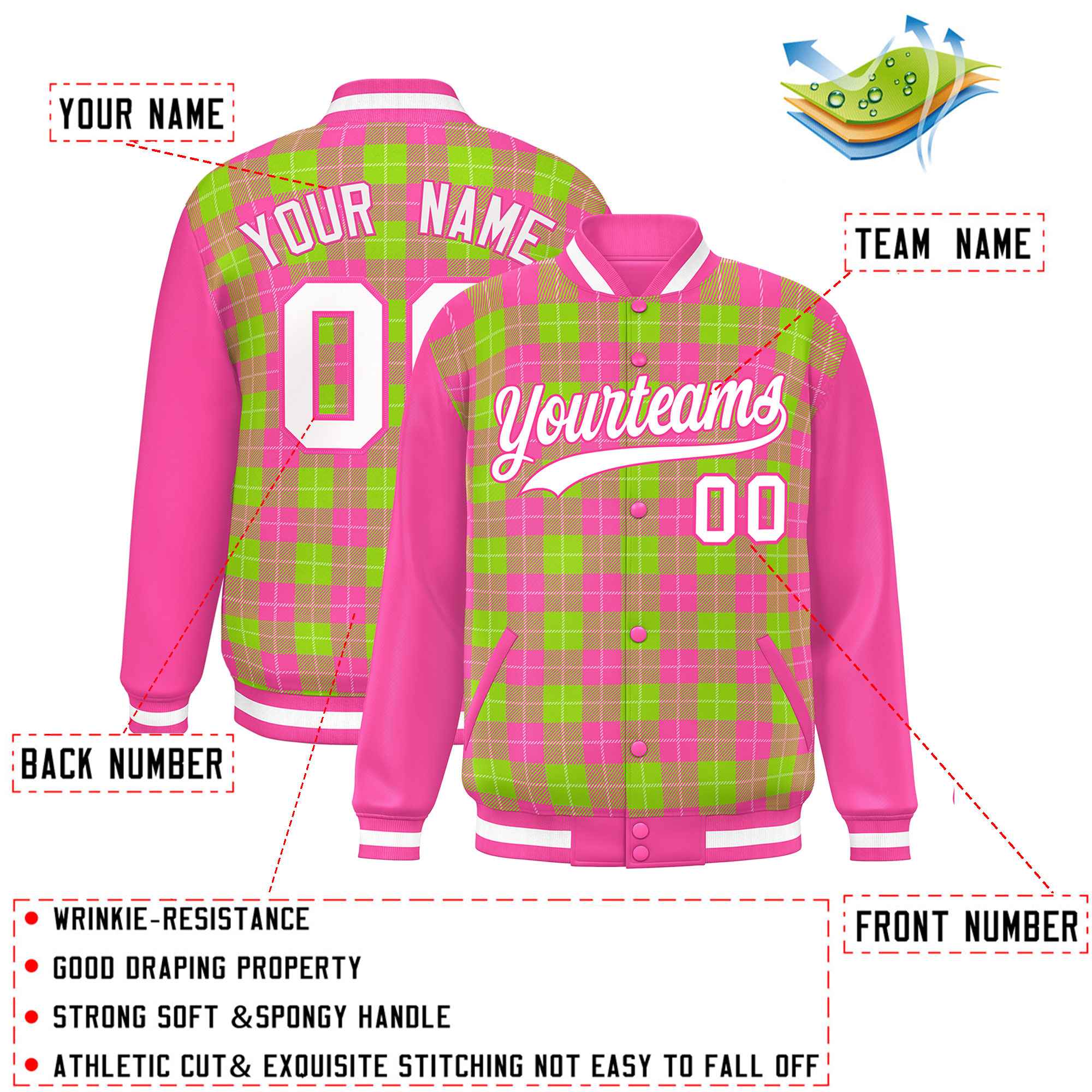 Custom Neon Green Pink-White Varsity Full-Snap Plaid Pattern Letterman Baseball Jacket