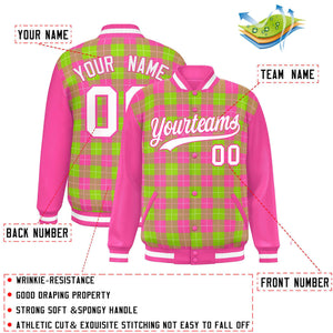 Custom Neon Green Pink-White Varsity Full-Snap Plaid Pattern Letterman Baseball Jacket