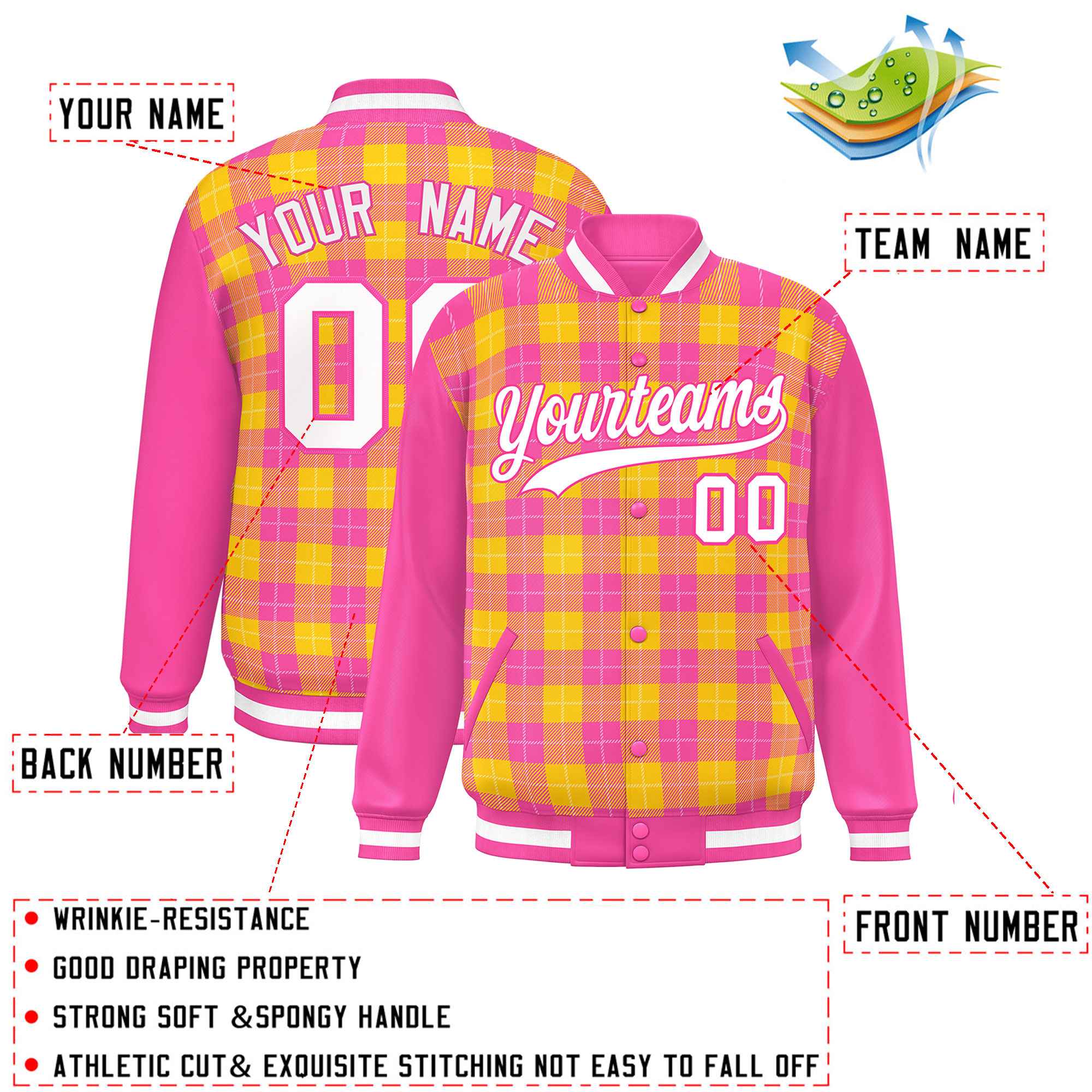 Custom Gold Pink-White Varsity Full-Snap Plaid Pattern Letterman Baseball Jacket