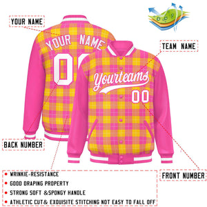 Custom Gold Pink-White Varsity Full-Snap Plaid Pattern Letterman Baseball Jacket