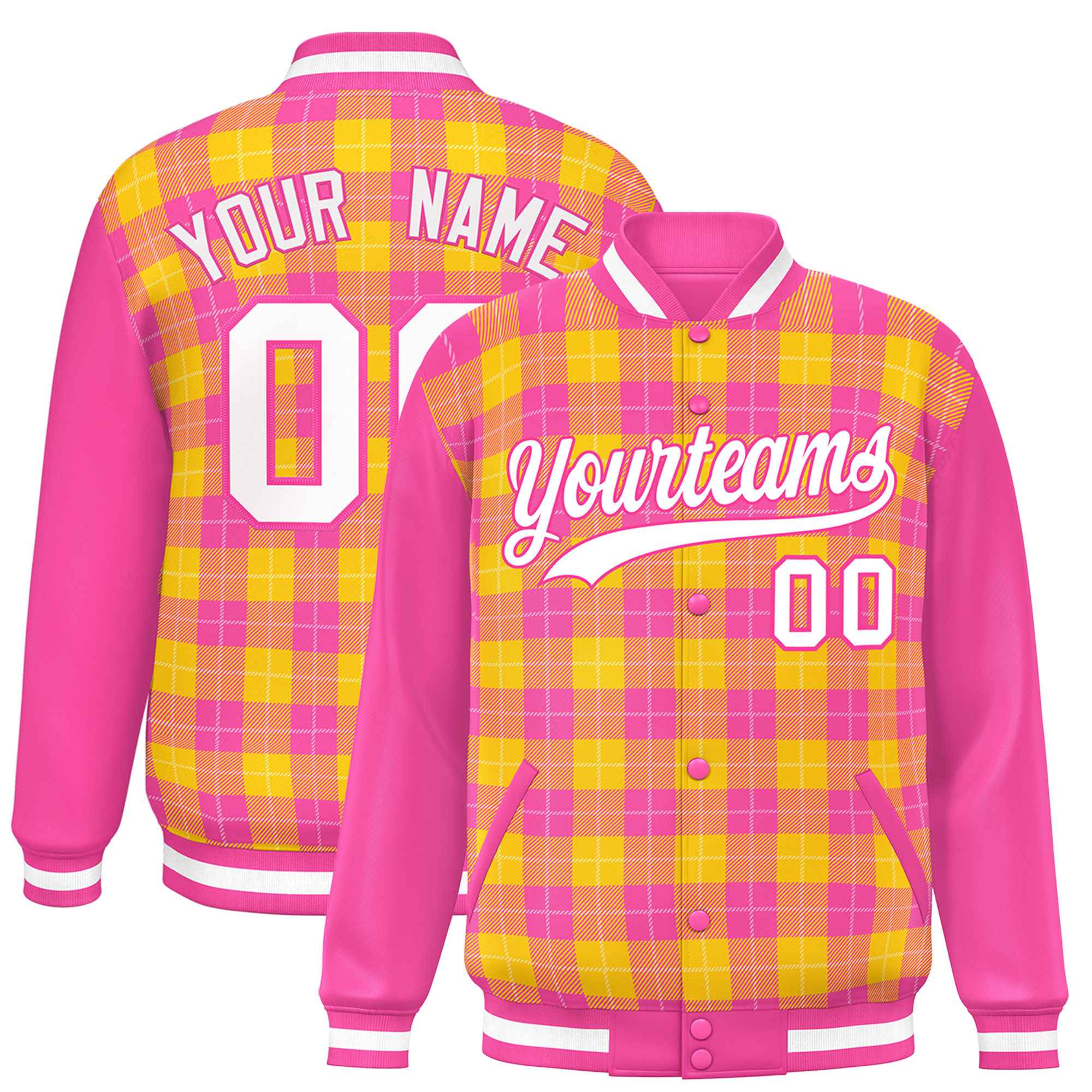 Custom Gold Pink-White Varsity Full-Snap Plaid Pattern Letterman Baseball Jacket