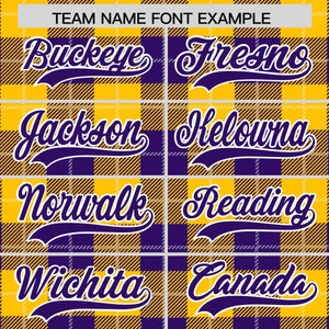 Custom Gold Purple-White Varsity Full-Snap Plaid Pattern Letterman Baseball Jacket