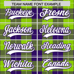 Custom Neon Green Purple-White Varsity Full-Snap Plaid Pattern Letterman Baseball Jacket