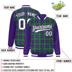 Custom Kelly Green Purple-White Varsity Full-Snap Plaid Pattern Letterman Baseball Jacket