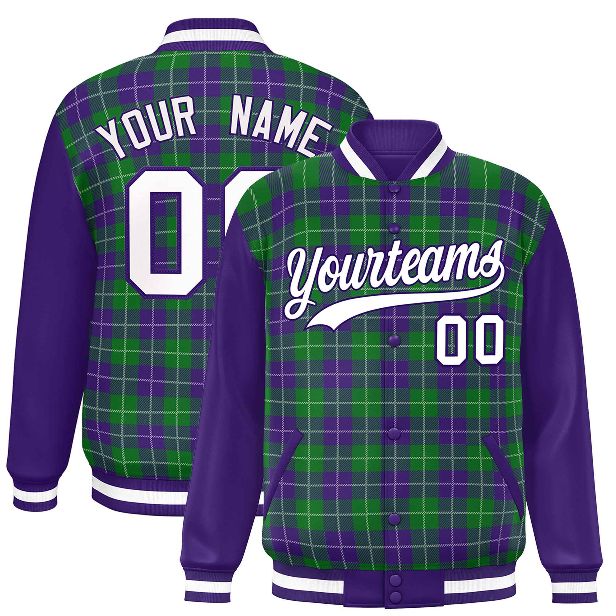 Custom Kelly Green Purple-White Varsity Full-Snap Plaid Pattern Letterman Baseball Jacket