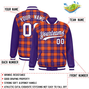 Custom Orange Purple-White Varsity Full-Snap Plaid Pattern Letterman Baseball Jacket