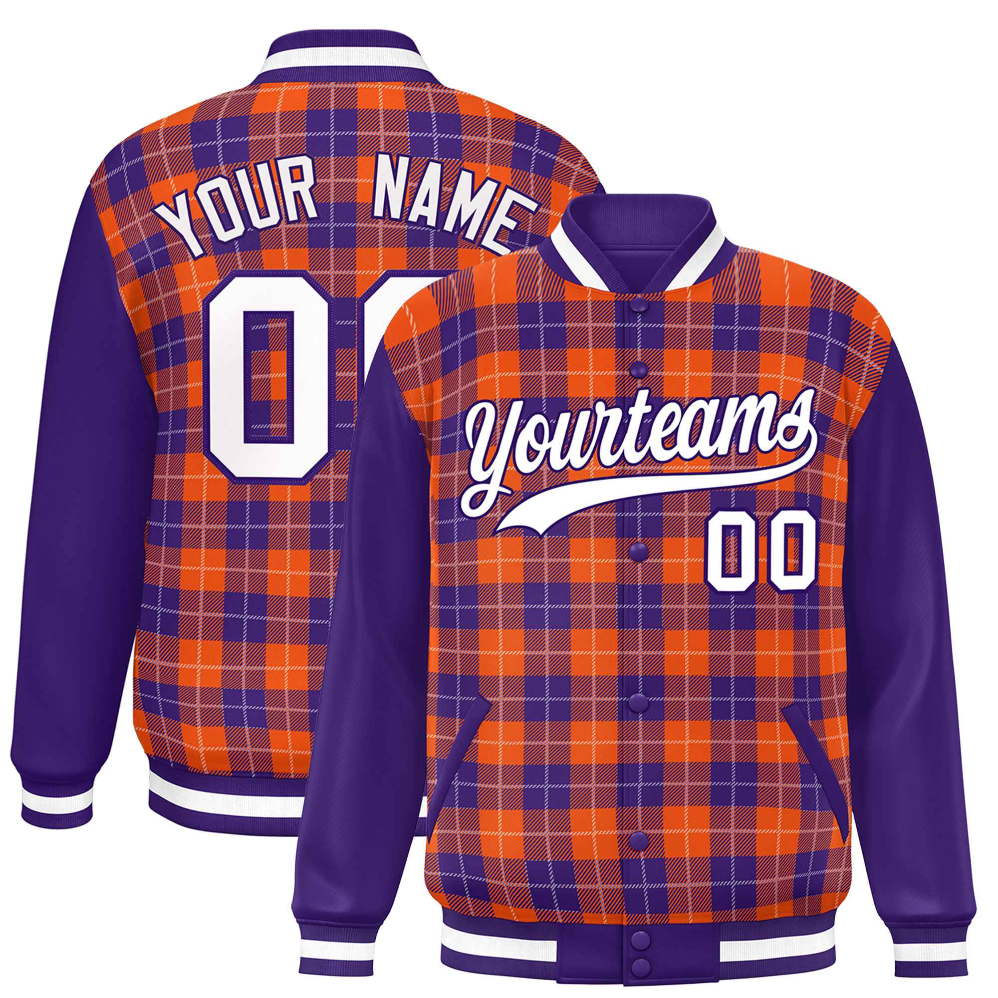 Custom Orange Purple-White Varsity Full-Snap Plaid Pattern Letterman Baseball Jacket