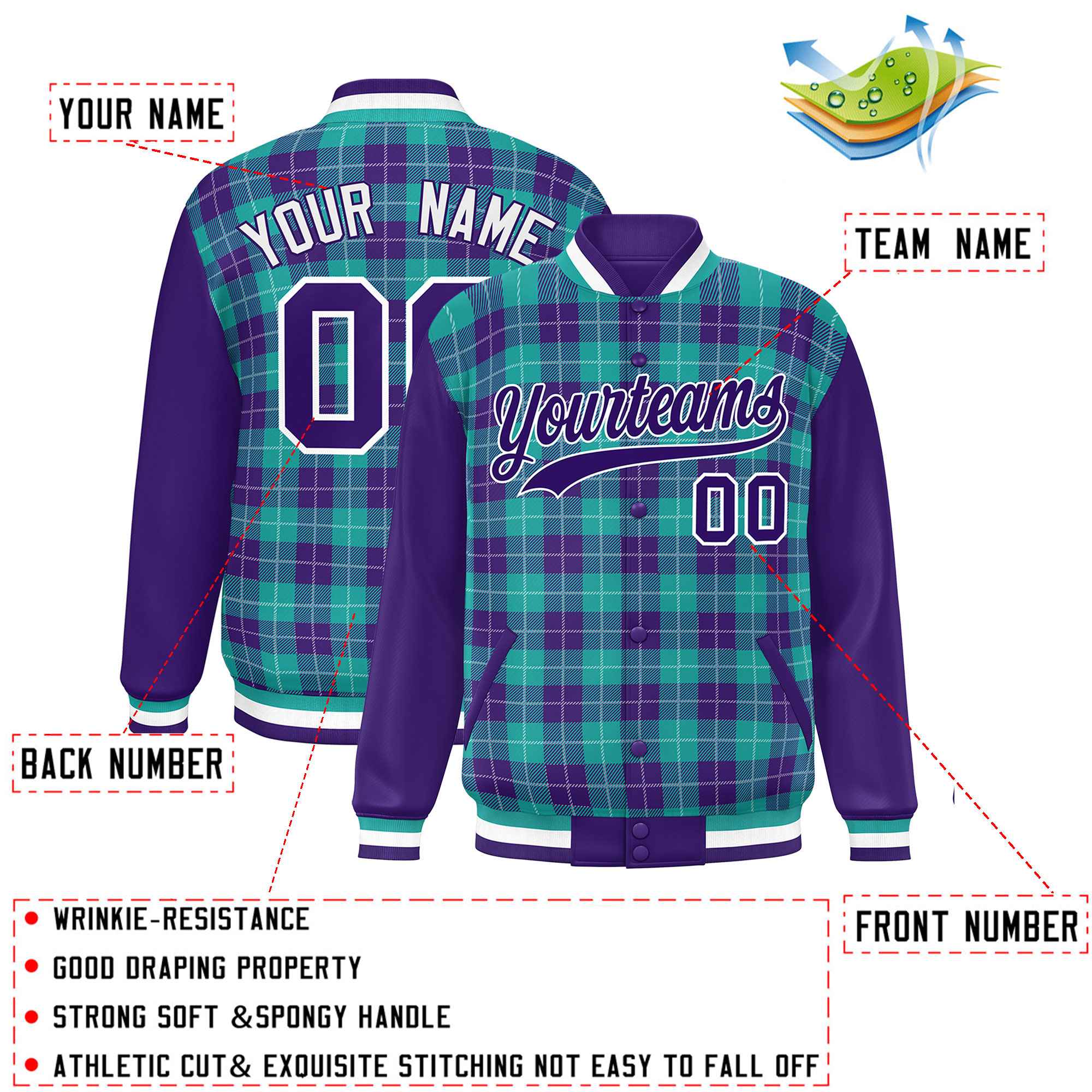 Custom Aqua Purple-White Varsity Full-Snap Plaid Pattern Letterman Baseball Jacket