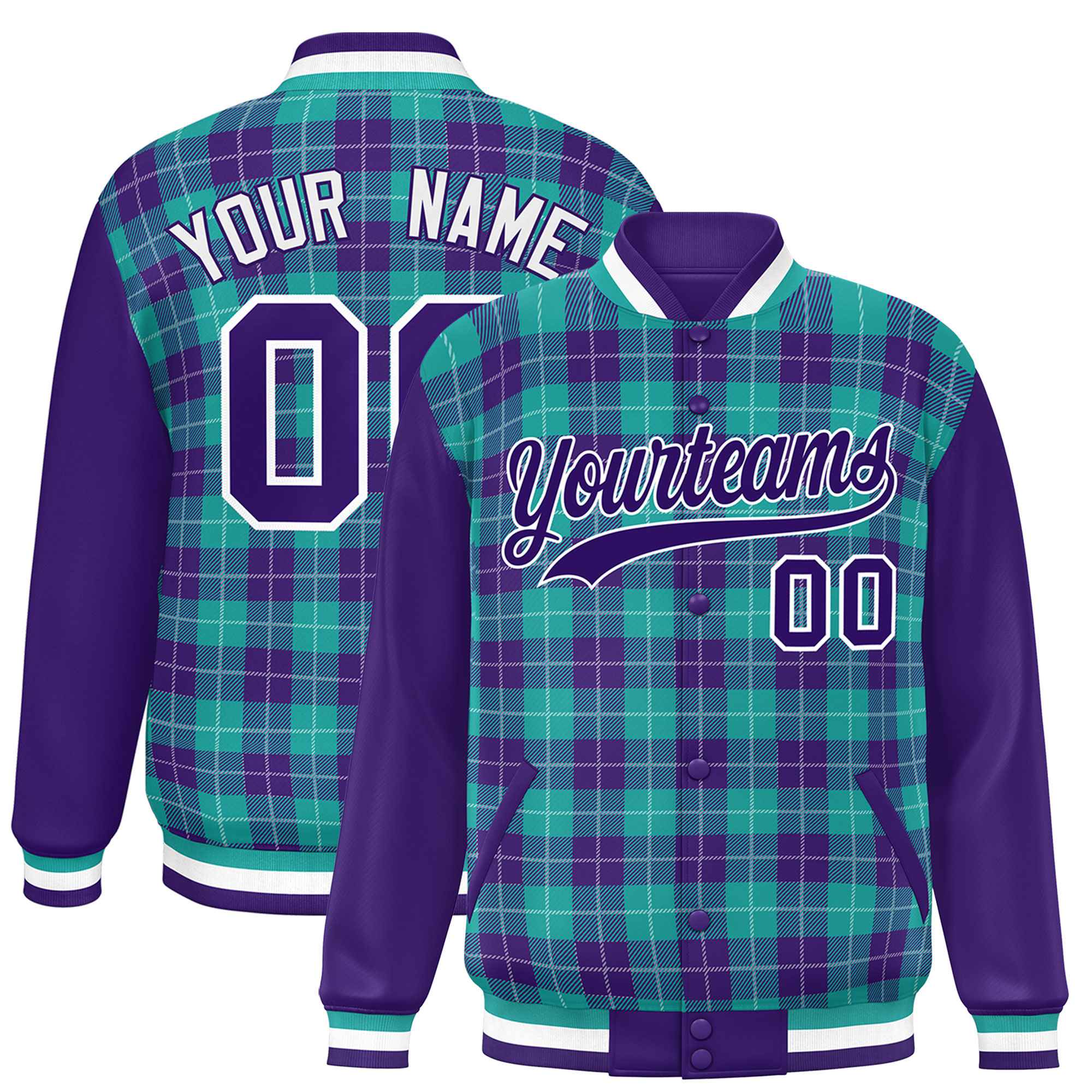 Custom Aqua Purple-White Varsity Full-Snap Plaid Pattern Letterman Baseball Jacket