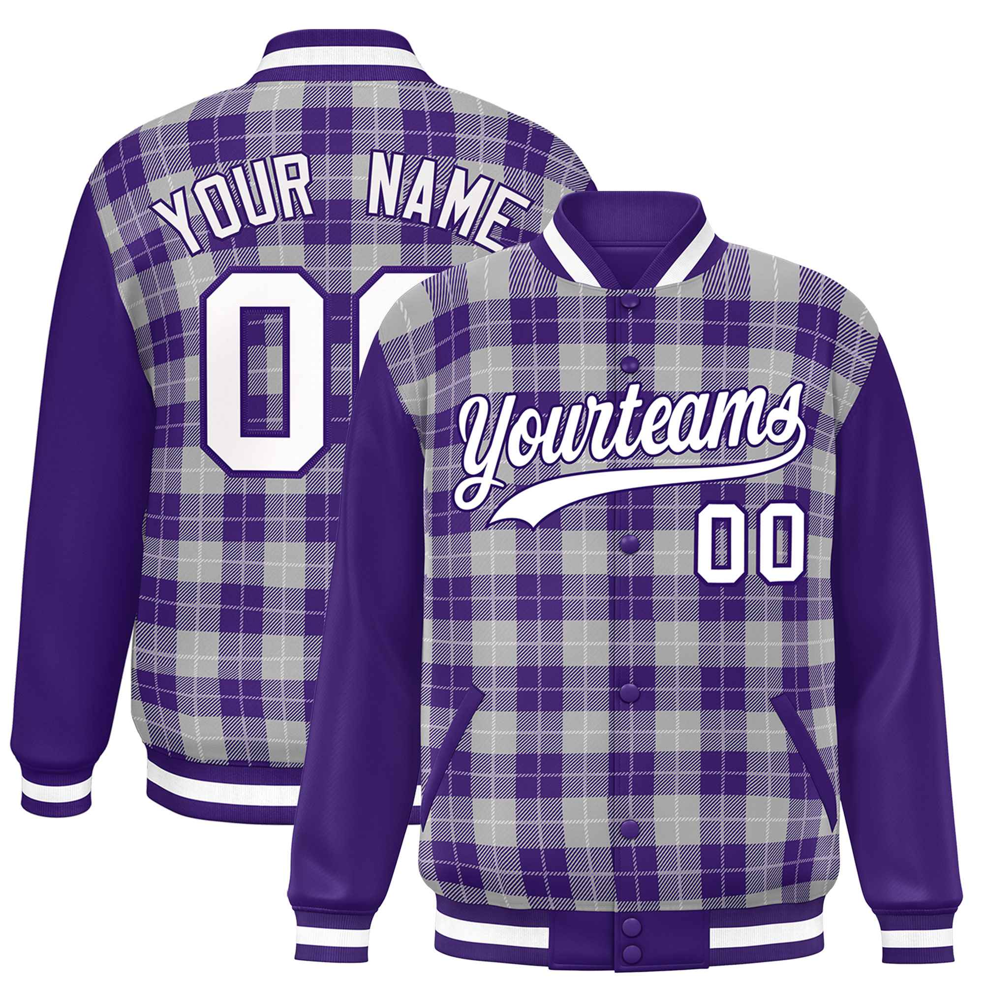 Custom Gray Purple-White Varsity Full-Snap Plaid Pattern Letterman Baseball Jacket