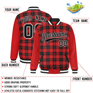 Custom Red Black-Gray Varsity Full-Snap Plaid Pattern Letterman Baseball Jacket