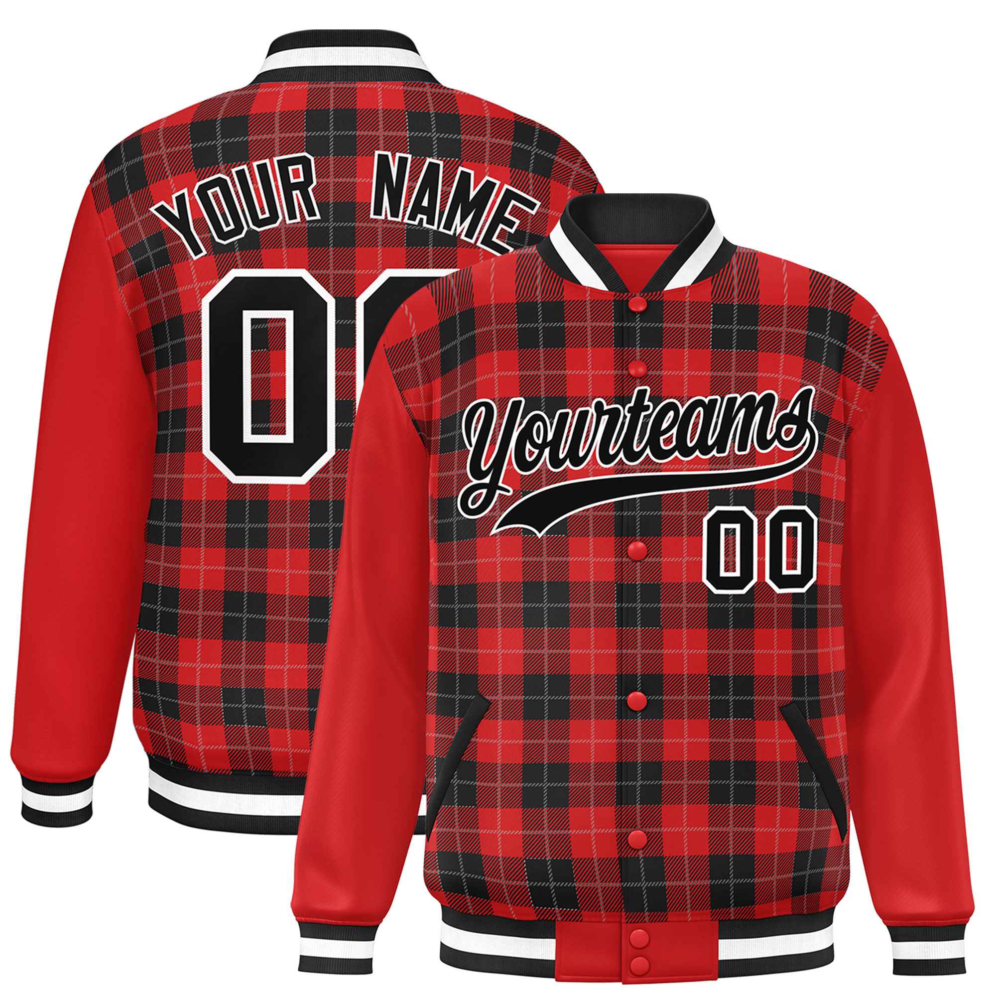 Custom Red Black-Gray Varsity Full-Snap Plaid Pattern Letterman Baseball Jacket