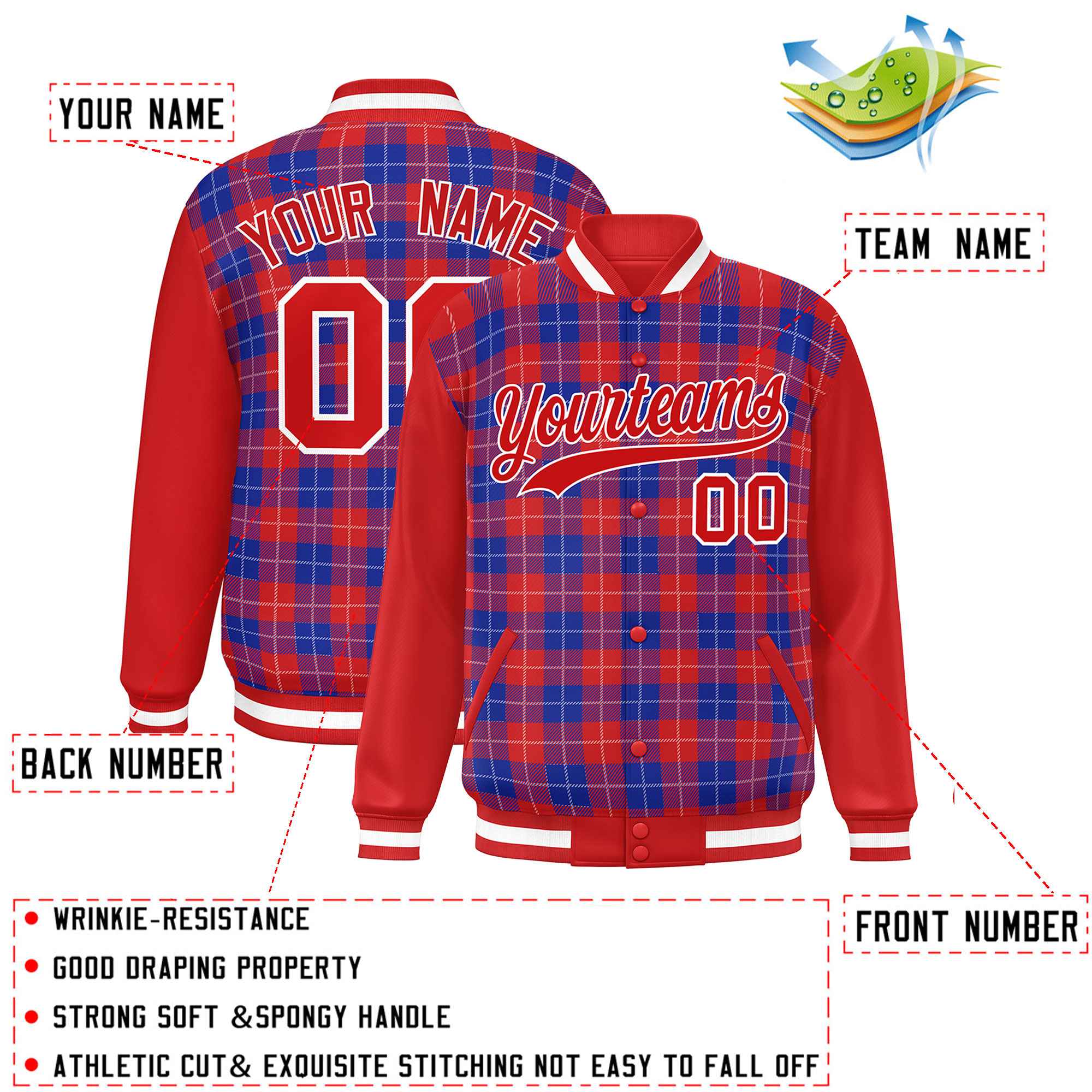 Custom Royal Red-White Varsity Full-Snap Plaid Pattern Letterman Baseball Jacket